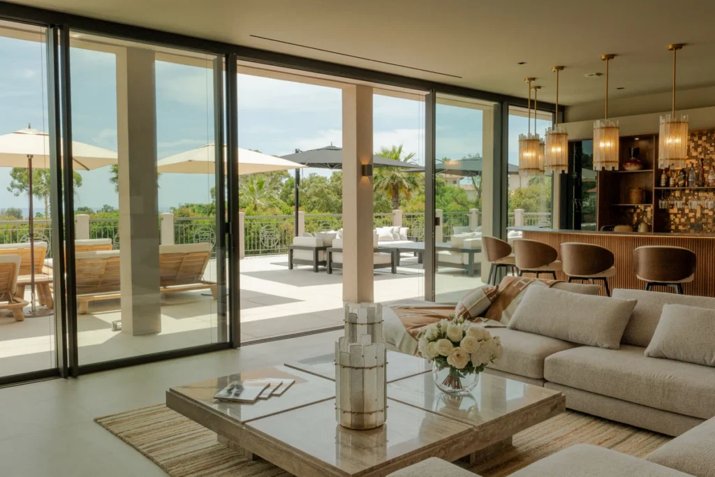 Salon ouvert sur grande terrasse avec mobilier extérieur, palmiers et mer visible en arrière-plan